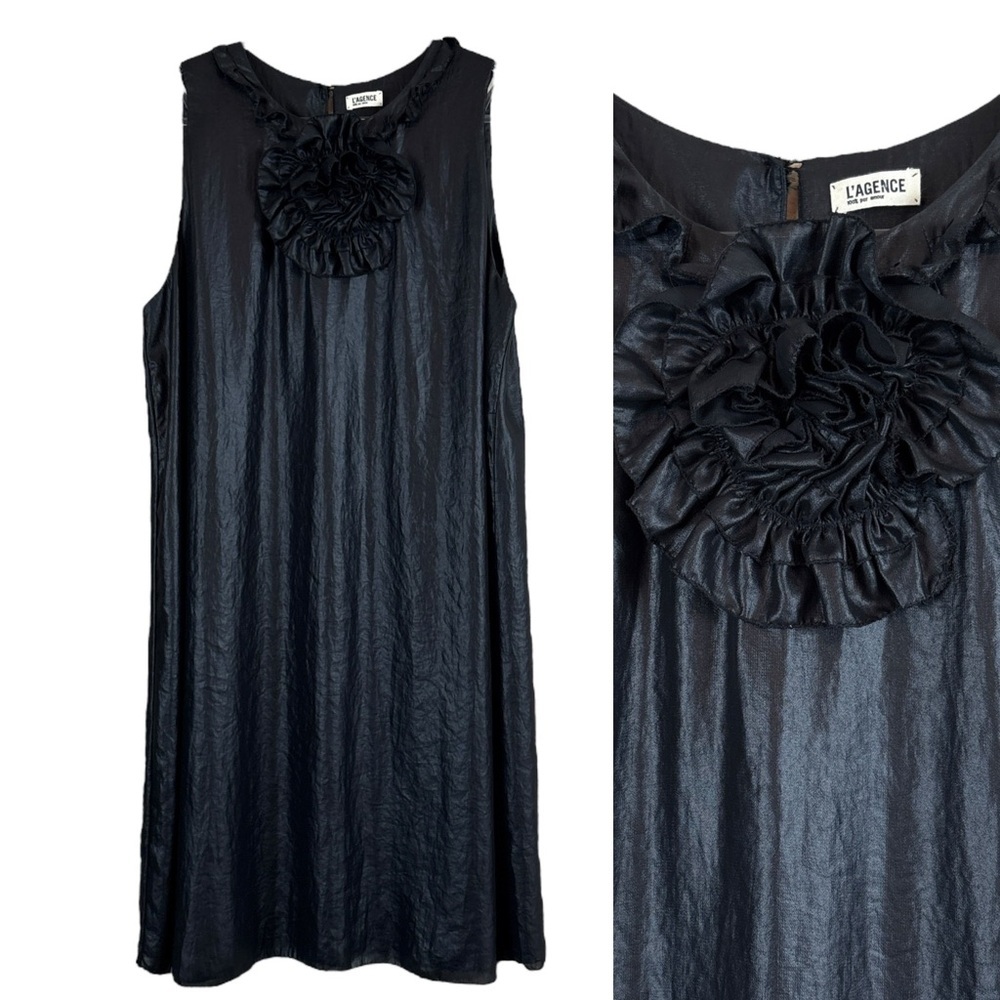 L'Agence Flower Shiny Wet Look Keyhole Cocktail Mini Shift Dress Black Size 2